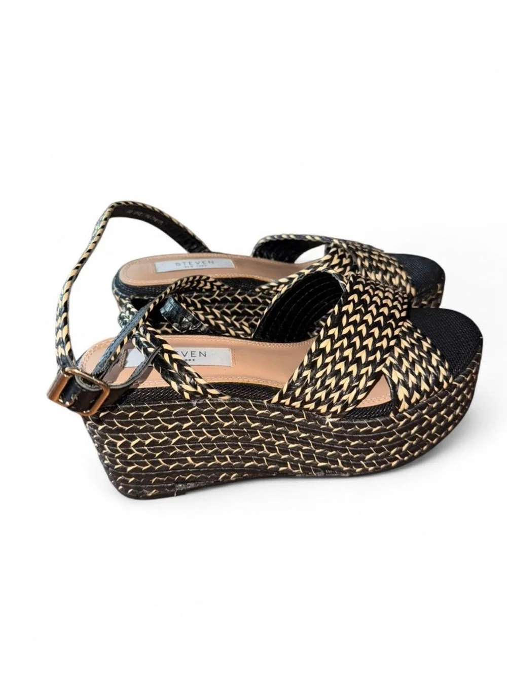 Steven New York Black & Beige Woven Platform Wedge Sandals